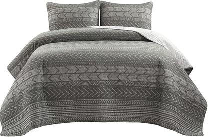 Lush Decor Hygge Geo Pattern Striped 3 Piece Quilt Bedding Set, King, Charcoal