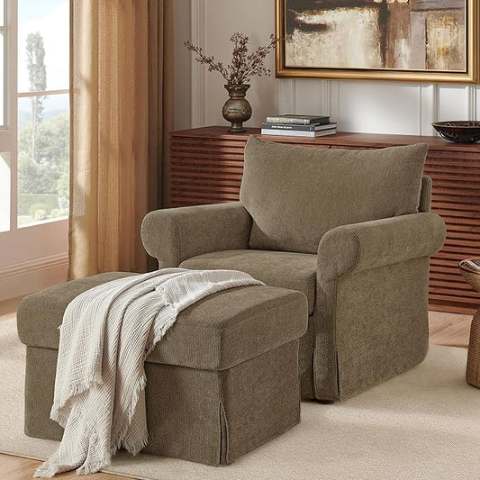 Modern Accent Chairs with Ottoman Set, Comfy Chenille Reading Armchair with Rolled Arms and Cushion Backrest, 35.8" W Chaise Lounge Chair for Living Room, Bedroom, Study, Apartment, Brown
