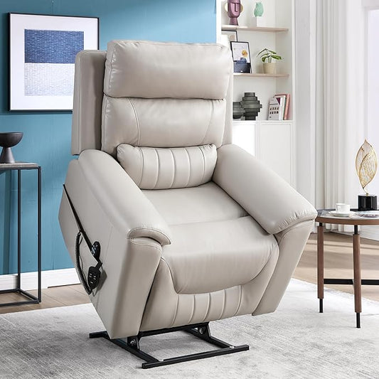 Power Lift Recliner Chair for Elderly People, Dual Motor Lay Flat Recliner with Vibration Massage and Heat, Heavy Duty Motion Mechanism Standing Assistance Reclining Chair, Faux Leather Light Gray