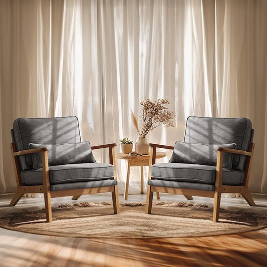 VINGLI Solid Wood Wide Armrests Accent Chair Set of 2,Upholstered Mid Century Modern Chair with Pillow,Farmhouse Arm Chair Comfy Reading Chair,Chairs Living Room,Bedroom,Guest Room,Linen Fabric,Grey