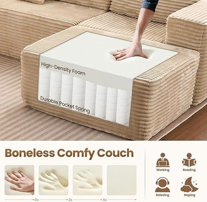 Cloud Sectional Couch with Loveseat, Boneless U-Shaped Cloud Couch with Deep Seat, Soft Plush Modern Minimalist Sofa, Assembly Free Modular Floor Sofa for Office Living Room Apartment, Beige