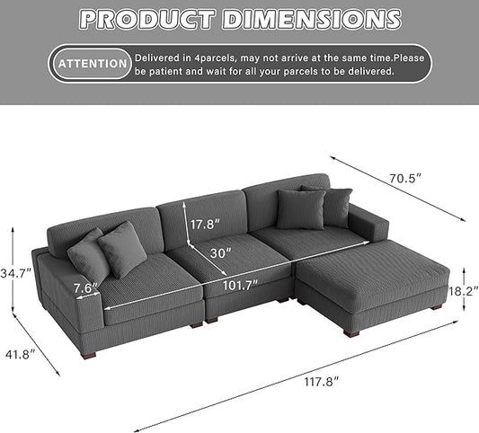Modular Sectional Couches for Living Room, 118" Modern Upholstered Sofa Couche with Ottoman for Living Room Bedroom, Grey