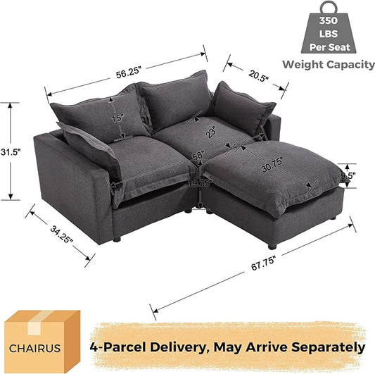 chairus 68" Love Seat Sofa with Ottoman Upholstered Linen Deep Seat Couch with Pillow Modular Oversized Couch Sleeper for Living Room, Bedroom, Reception Room, Apartment, 2-Seater/Black