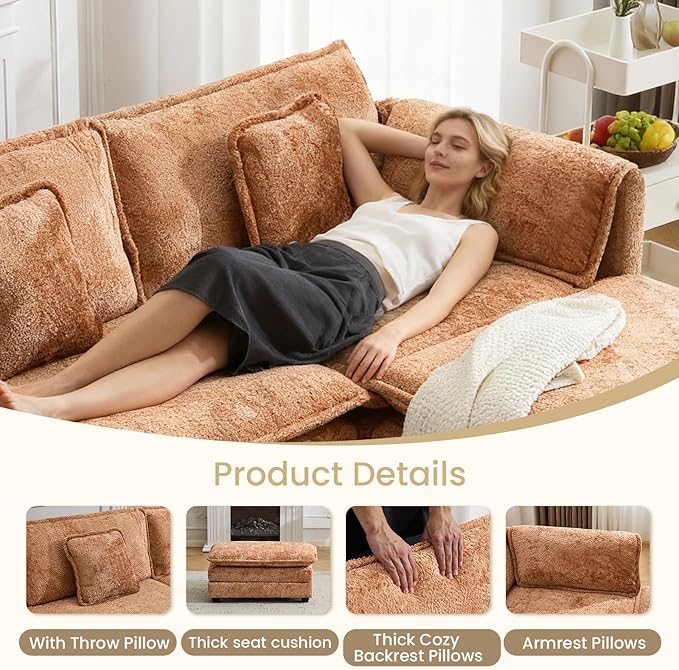 76.2" Modular Sectional Sofa with Movable Ottoman, Deep Seat couches for Living Room, 2 Seater Loveseat Sofa, L Shaped Comfy Cloud Couch with Removable Cover, Armrest Pillow (Orange)