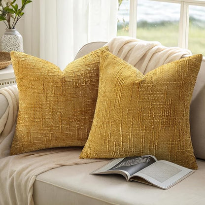 decorUhome Mustard Yellow Chenille Throw Pillow Covers 24x24 Set of 2 Thick Textured Slubby Couch Pillow Covers Farmhouse Accent Modern Neutral Decorative Pillow Cases for Bed Sofa Living Room