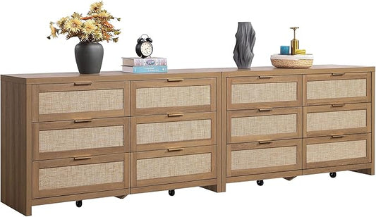 SICOTAS Rattan Dressers for Bedroom Set 2, Large 6 Drawer Dresser Long Chest of Drawers, Dresser Farmhouse TV Stand for Bedroom, Living Room, Nursery, Closet (Reclaimed Caramel Oak, 2 Pieces)