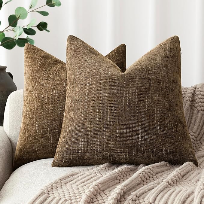 Foindtower Pack of 2 Soft Textured Chenille Throw Decorative Pillow Covers Square Accent Solid Cushion Cover Neutral Farmhouse Pillow Case for Couch Sofa Bedroom Living Room 16x16 Inch,Taupe Brown