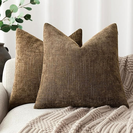 Foindtower Pack of 2 Soft Textured Chenille Throw Decorative Pillow Covers Square Accent Solid Cushion Cover Neutral Farmhouse Pillow Case for Couch Sofa Bedroom Living Room 20x20 Inch,Taupe Brown
