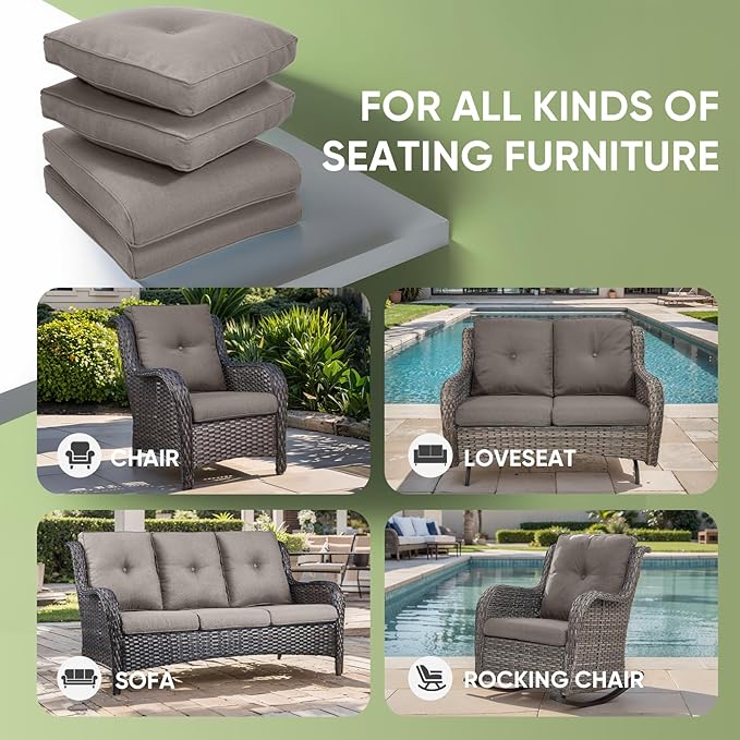 Outdoor Chair Cushion Set of 3, Waterproof Outdoor Seat Cushions 25x22, Patio Chair Cushions for Outdoor Furniture, Couch Cushion Replacement, Include 3 Back & 3 Seat Cushions, Button/Grey