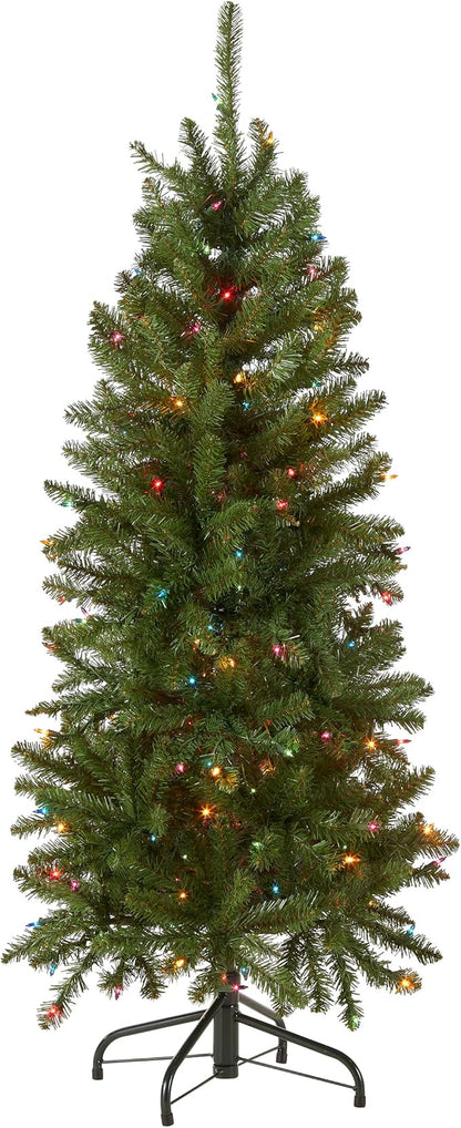 National Tree Company 4.5 ft Pre-Lit Kingswood Fir Slim Artificial Christmas Tree, 150 Multicolor Lights, 330 Tips, Includes Stand, Green