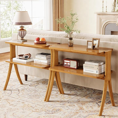 Tribesigns Narrow Side Table for Living Room, Farmhouse End Table with 2-Tier Storage Shelf and Solid Wood Legs, Slim Tall Bedside Table Nightstand for Bedroom, Small Spaces, Entryway, Brown(1)
