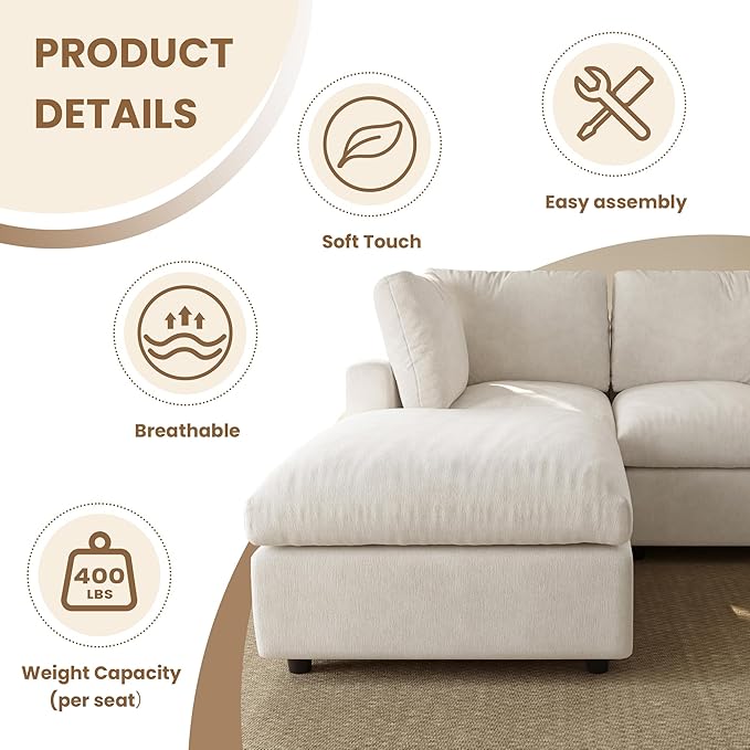 WJShome 100 Inch U Shaped Modern Sofa Modular Sectional Cloud Couch with 2 Ottoman, 4-Seat Chenille Deep Seat Couches for Living Room, Bedroom and Apartment，Beige