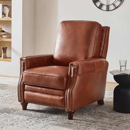 HULALA HOME Genuine Leather Recliner Chair, Classic Push Back Recliner Armchair with Thick Seat and Backrest (Saddle)