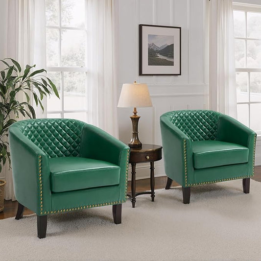 Pia Ricco Faux Leather Barrel Chairs Set of 2, Modern Comfy Accent Chairs, Upholstered Armchair Club Chairs with Nailhead Trim, Single Sofa Barrel Chair for Living Room Reading Room, Green