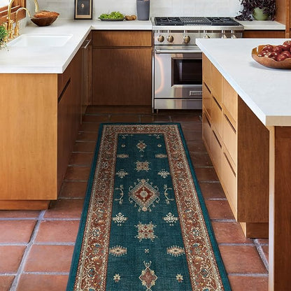 RUGGABLE Washable Vintage Area Rug – Verena Teal Blue 6 ft Round, Stain-Resistant, Non-Slip – Medium Machine Washable Rugs for Living Room, Bedroom, Hallway, Entryway & Office–with Standard Pad