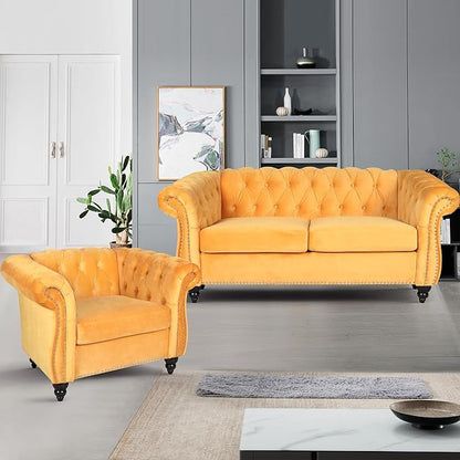Accent Sofa Chair for Living Room, Mid Century Modern Velvet Upholstered Armchair, Oversized Comfy Single Couch Chair with Cushion, Tufted Chesterfield Sofa Couch for Home, Bedroom, Apartment (Yellow)