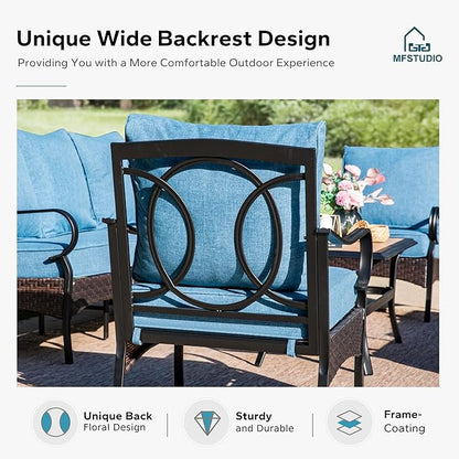 MFSTUDIO 5 PCS Outdoor Patio Furniture Set, Metal Outdoor Conversation Set, Rattan Wicker Patio Sectional Sofa Set with 2 x Fixed Single Sofa, 2-Seat and 3-Seat Sofa, 1 x Coffee Table, Navy Blue