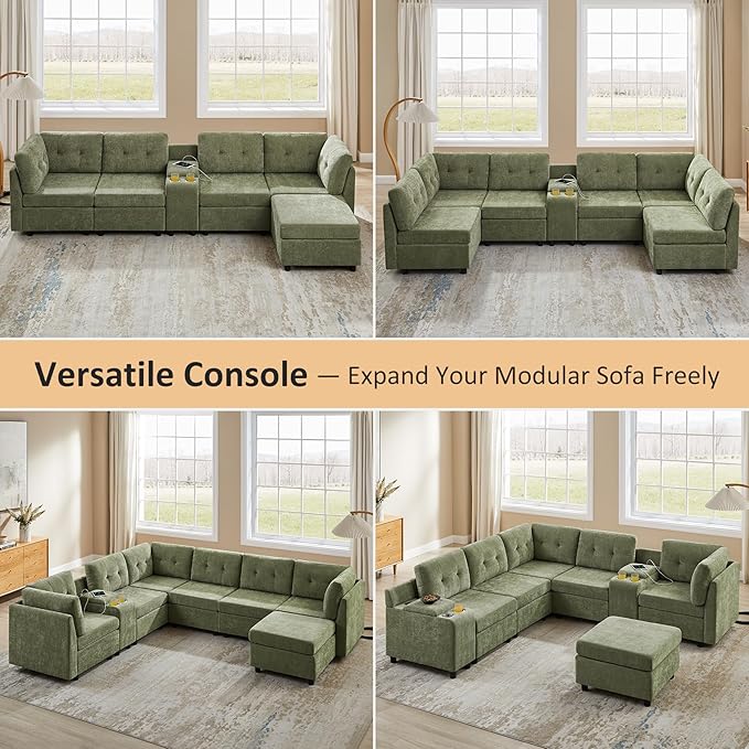 VANOMi 118" Cloud Sectional Couches for Living Room, 8 Seater Convertible Modular Sectional Sofa Bed, Comfy Chenille Sofas & Couches for Living Room, Apartment, Office, Green, Large Sofa Bed
