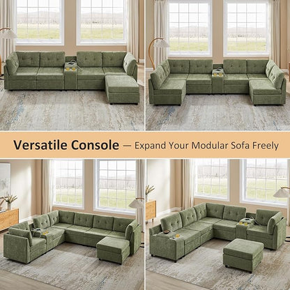 VANOMi 118" Cloud Sectional Couches for Living Room, 8 Seater Convertible Modular Sectional Sofa Bed, Comfy Chenille Sofas & Couches for Living Room, Apartment, Office, Green, Large Sofa Bed