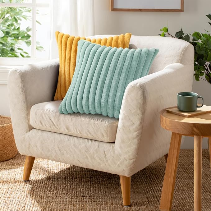 Pallene Faux Fur Plush Throw Pillow Covers 26x26 Set of 2, Luxury Soft Fluffy Striped Decorative Pillow Covers for Sofa, Couch, Living Room, Aqua