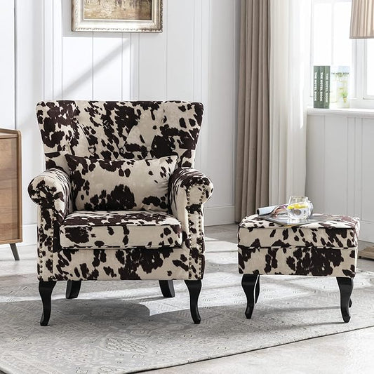 chairus Mid-Century Modern Accent Chairs with Ottoman Set of 2, Comfy Velvet Single Sofa Chair Button Tufted Wingback Armchairs with Pillow for Living Room/Bedroom/Club - Cow