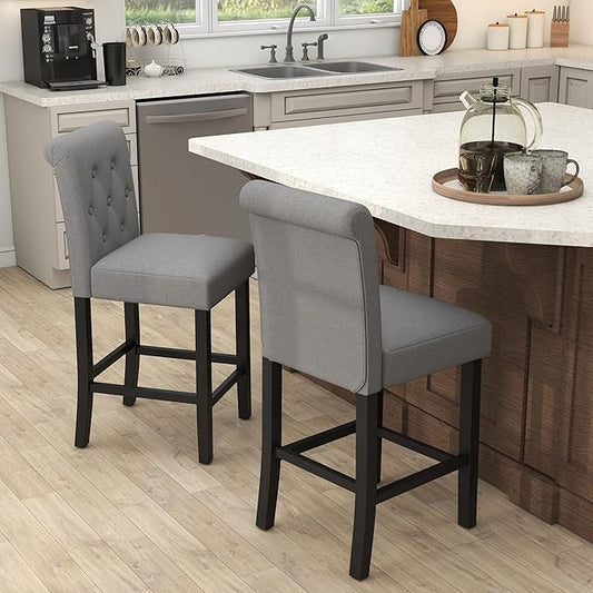 GOTMINSI 24 Inch Bar Stools for Kitchen Island, Set of 2 Fabric Barstools Upholstered Back Counter Bar Stools with Button Tufted Decoration Leisure Style Wooden Bar Chairs(Grey)