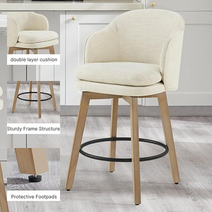 Counter Height Barstools 26 inch Upholstered Swivel Bar Stools with Back and Wood Legs for Kitchen Island,Set of 1,Linen Fabric