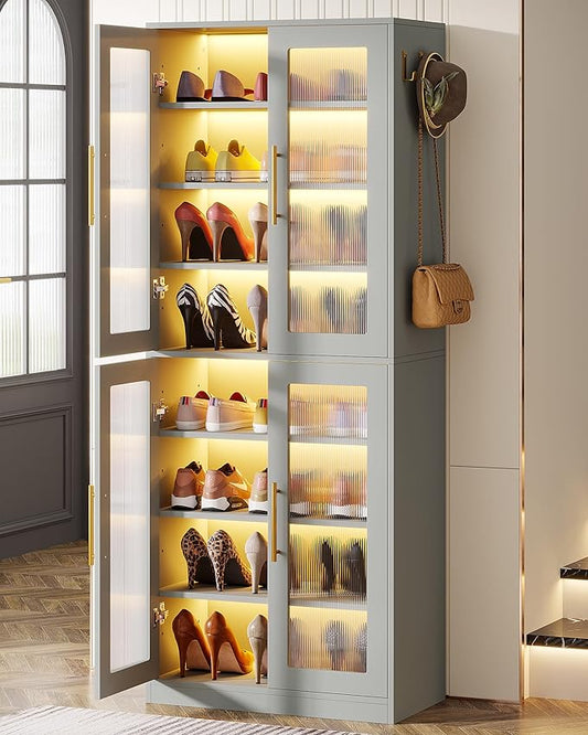 Tribesigns Tall Shoe Cabinet with Acrylic Doors and LED Lights, 8-Tier Shoe Organizer Storage Rack with Adjustable Shelves and Hanging Hooks for Narrow Closet, Hallway, Living Room, Gray (Set of 2)