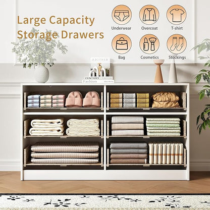 3-Piece Modern Bedroom Furniture Set, Wide 6-Drawer Dresser & 3-Drawer Nightstands Set of 2, Natural Wood Dresser and Nightstand Sets for Bedroom, Hallway, White