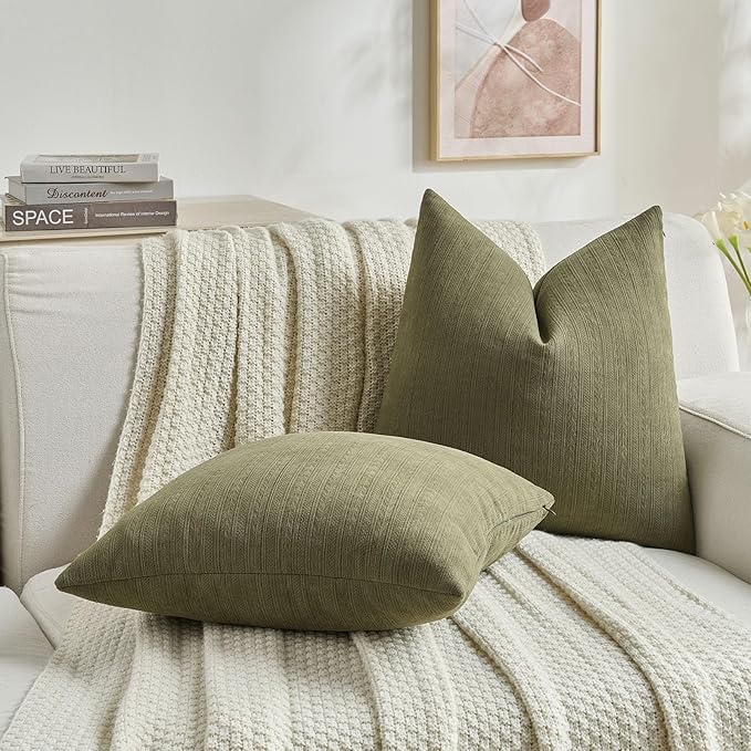FUTEI Olive Green Decorative Throw Pillow Covers 16x16 Inch Set of 2,Soft Cozy Wheat Ear Striped Patterns Cushion Cases,Modern Home Decor for Couch Bed Living Room