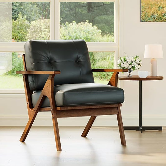 STHOUYN Black Leather Office Accent Chair with Wooden Arms, Office Lounge Chair, Mid Century Modern Chair, Side Arm Chairs for Living Room, Guest Waiting Room Chairs (1, Black)