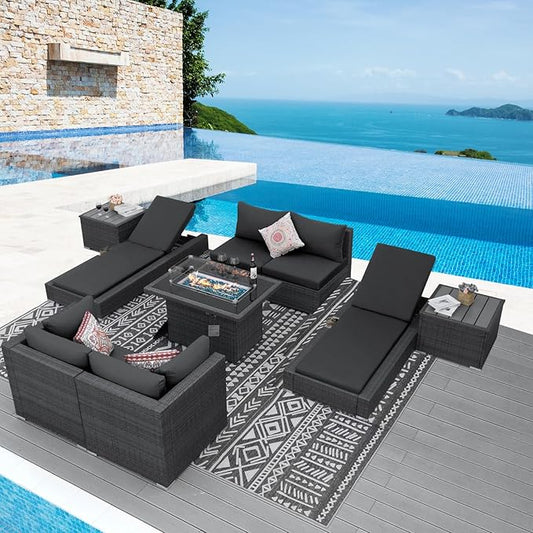 NICESOUL 9 Piece Modern Outdoor Furniture Set with Firepit Propane/Natural Gas, 29.3'' High Back Extra Large Patio Sectional Sofas with Chaise Lounge, Deep Seated PE Wicker Conversations Luxury, Gray