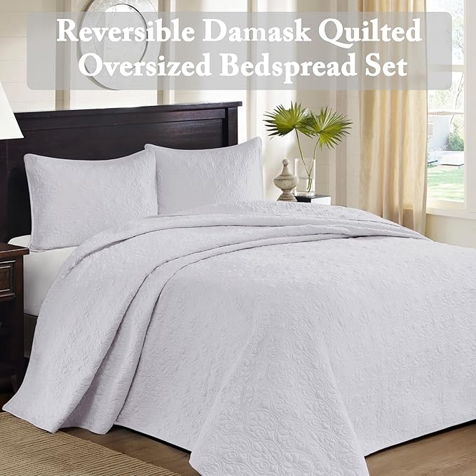 Madison Park Quebec Reversible Quilt Set Damask Design, Double Sided Stitching All Season, Lightweight Bedspread Bedding Set, Matching Sham, White, Full(96"x110") 3 Piece