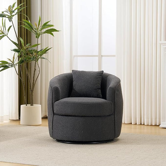 Swivel Accent Chair, Modern Upholstered Boucle Barrel Arm Chairs with Pillow for Living Room, 360 Degree Round Swivel Sherpa Armchair with Round Base for Bedroom Club (1, Dark Grey)
