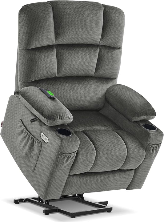 MCombo Large Dual Motor Power Lift Recliner Chair for Elderly, Massage and Heat, Lay Flat, Zero Gravity, Home Button, USB Port, Fabric 7680 (Large, Grey)