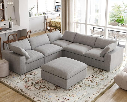 Cloud Modular Sectional Sofa for Livingroom,Large Down Filled Comfort Corner Sectional Sofa Couch with Ottoman,Wide Deep Seat Convertible Couches for Office Apartment,V Shaped,Grey
