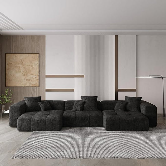 WJShome 144" Sectional Couches for Living Room,Modular Sectional Sofa, U Shaped Couch, Linen Deep Seat Cloud Couches with Pillow for Living Room,Black