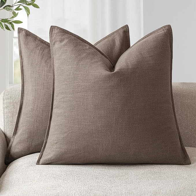 Foindtower Set of 2, Decorative Linen Soild Throw Pillow Covers Soft Accent Euro Cushion Case Farmhouse Neutral Pillowcase for Chair Couch Sofa Bedroom Living Room Home Decor 18 x 18 Inch Light coffee
