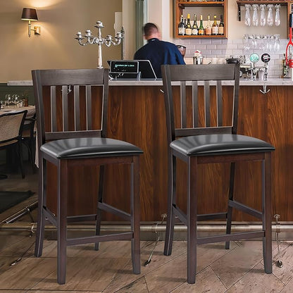 COSTWAY Counter Height Bar Stools Set of 2, 25'' Wooden Pub Chairs with PU Leather Seat, Mid Century Modern Upholstered Island Chairs for Kitchen, Living Room, Dining Room, Bar