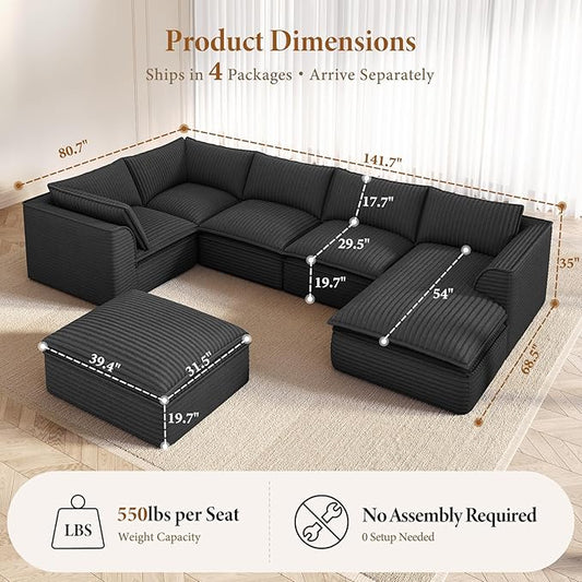 Vesgantti 141.7" Oversized Sectional Boneless Couch, 7 Seater Modular Sofa with Chaise & Ottoman & Armrest, Deep Seat Plush Corduroy Cloud Couch for Living Room, No Assembly Required, Dark Gray