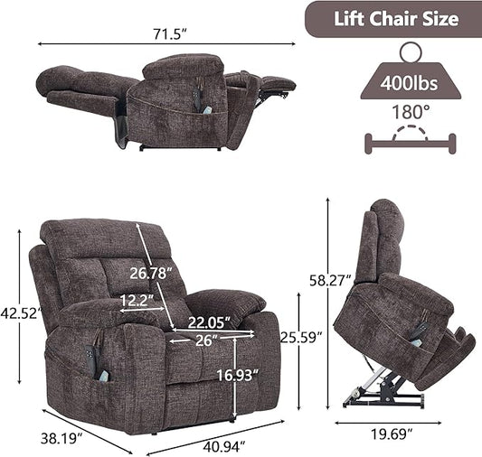 Power Lift Chair Lay Flat Recliner Infinite Position Electric Dual Motor Stand Up Lift Chair with Massage and Heat for Adults,Heavy Duty Recliners with 2 Remote Controls and Two Cup Holders