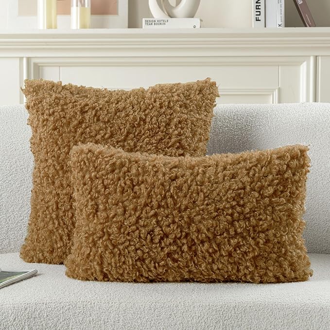 FUTEI Camel Decorative Throw Pillow Covers 18x18 Inch Set of 2,Soft Fluffy Faux Wool Fur Boucle Textured Cushion Case,Modern Home Decor for Couch Bed Living Room Office