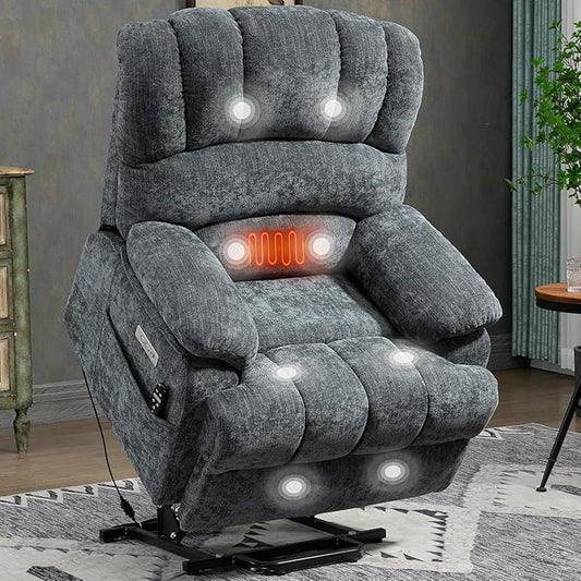 Power Recliner with Vibration Massage & Lumbar Heat, Electric Lift Chairs for Elderly, High Back Reclining Max 155 Degree with Charging Ports, Chenille Fabric Blue Gray