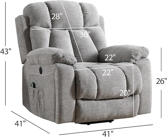Large Power Lift Recliner Chair with Massage and Heat for Elderly, Wide Padded Recliner with 2 Cup Holders, Side Pocket & USB Charger,(1, Light Gray)