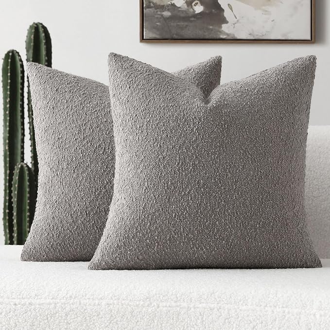 FUTEI Pack of 2 Light Grey Decorative Throw Pillow Covers 20x20 Inch Soft Cozy Solid Boucle Textured Cushion Case,Modern Home Decor for Couch Bed Living Room