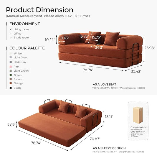 79" Convertible Sofa Bed with Fixed-Shape Frame & Removable Armrests, Modular Corduroy Sleeper Sofa, Folding Mattress Couch for Small Spaces - No Assembly Needed in Orange (Includes 2 Pillows)