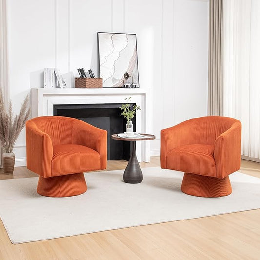 Swivel Accent Chair Set of 2, Modern 360° Swivel Barrel Chair, Corduroy Upholstered Single Sofa for Living Room, Bedroom(Orange)