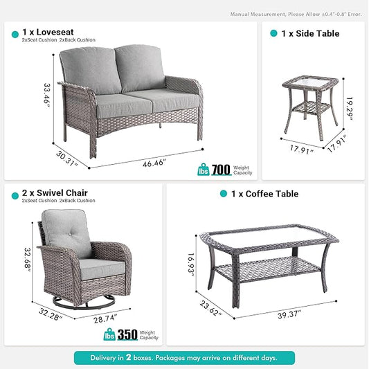5 PCS Patio Outdoor Furniture Set with Swivel Rocking Chairs,All Weather Wicker Rattan Patio Seating Sofa and Chairs Set,Outdoor Conversaiton Sets for Deck Yard Prrch Garden Poolside,Dark Grey