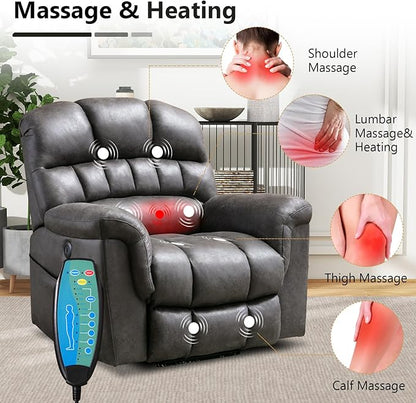 Large Power Lift Recliner Chair with Massage and Heat for Elderly, Faux Leather Electric Lifting Recliners with USB Port, Overstuffed Wide Reclining Sofa Chairs for Living Room, Grey