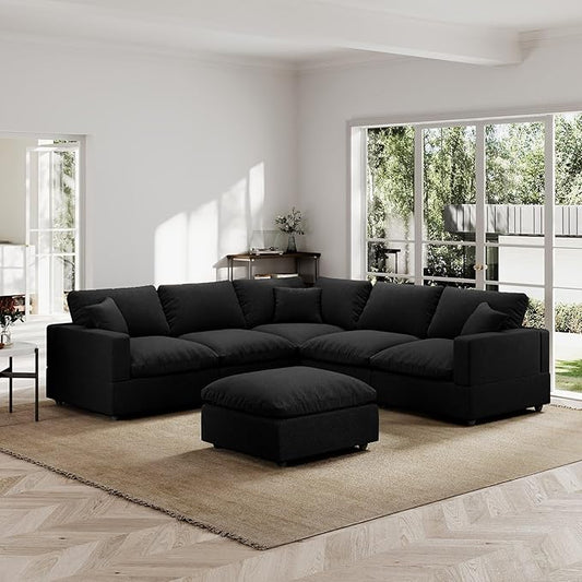 Modern Sectional Linen Couch for Living Room V-Shape Sofas,6 Seat Modular Cloud Sofas with Ottoman,Couches Cushion Covers Removable,Cozy Feather Down Sofa for Apartment Black